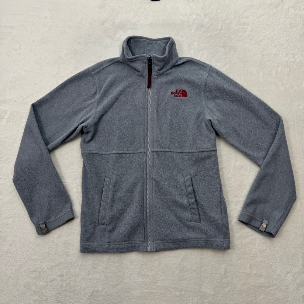 The North Face Fleece Jacket Boys M 10/12 Gray Full Zip TKA 100 Mock Neck Logo